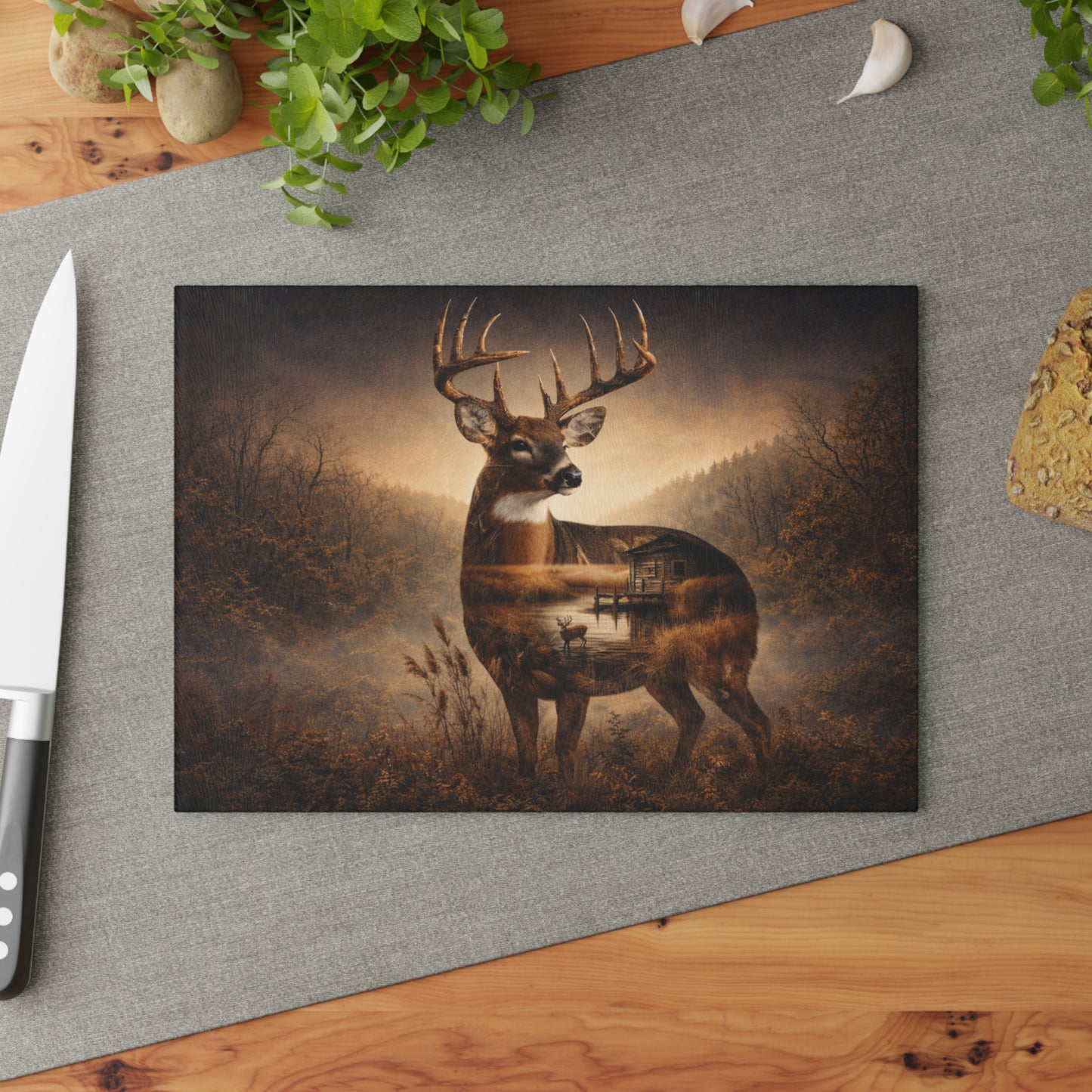 Majestic Whitetail Deer Glass Cutting Board – Rustic Woodland Wildlife Kitchen Art & Display Board