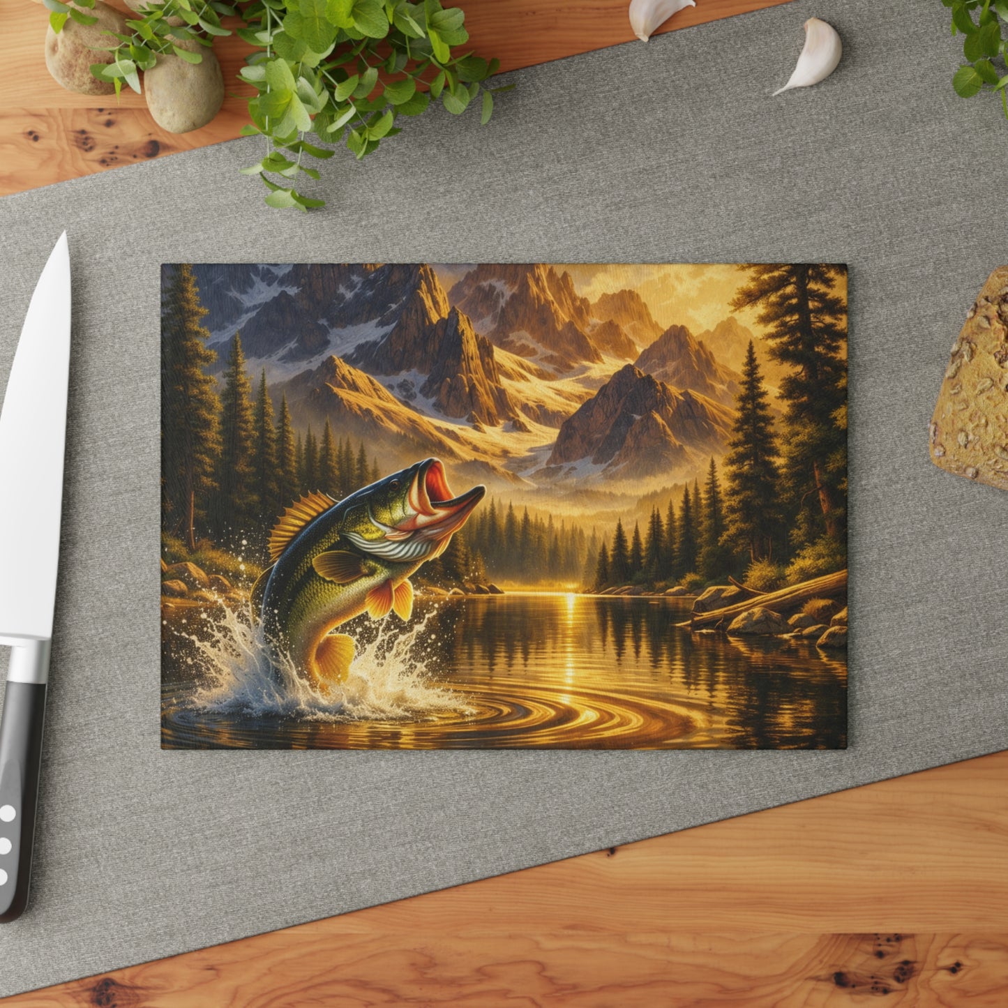 Golden Mountain Bass Glass Cutting Board – Rustic Fishing Lake Landscape Kitchen Art