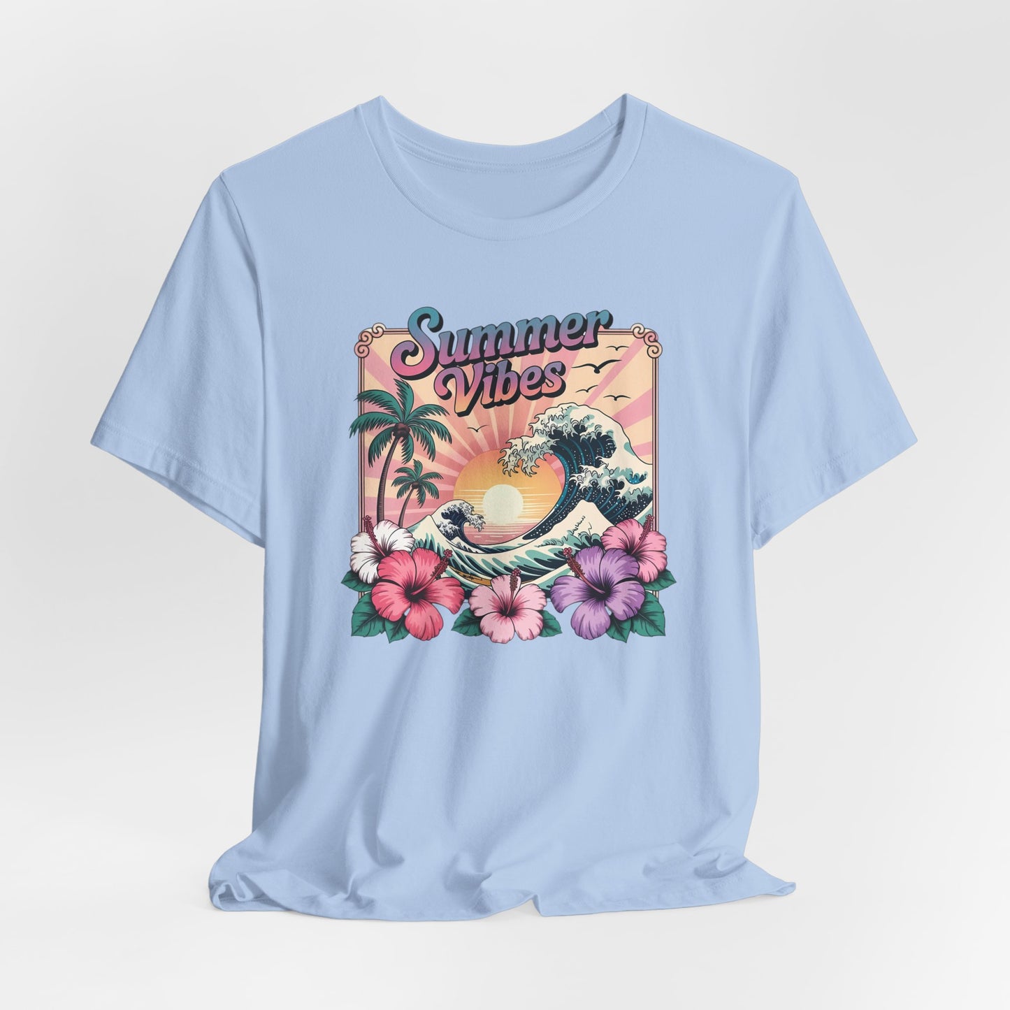 ☀️ Camiseta Summer Vibes – Ola playera vibrante, hibisco y palmeras | Camiseta gráfica para mujer