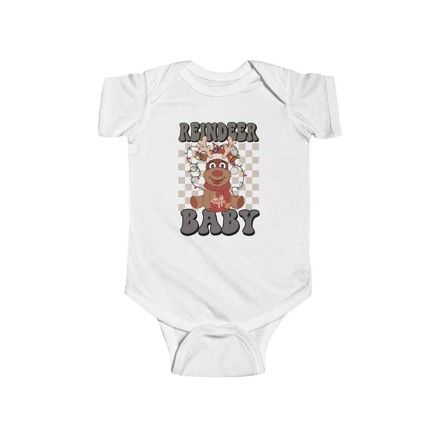 🎁 Reindeer Baby Onesie – Cozy Checkered Lights Edition 🦌✨
