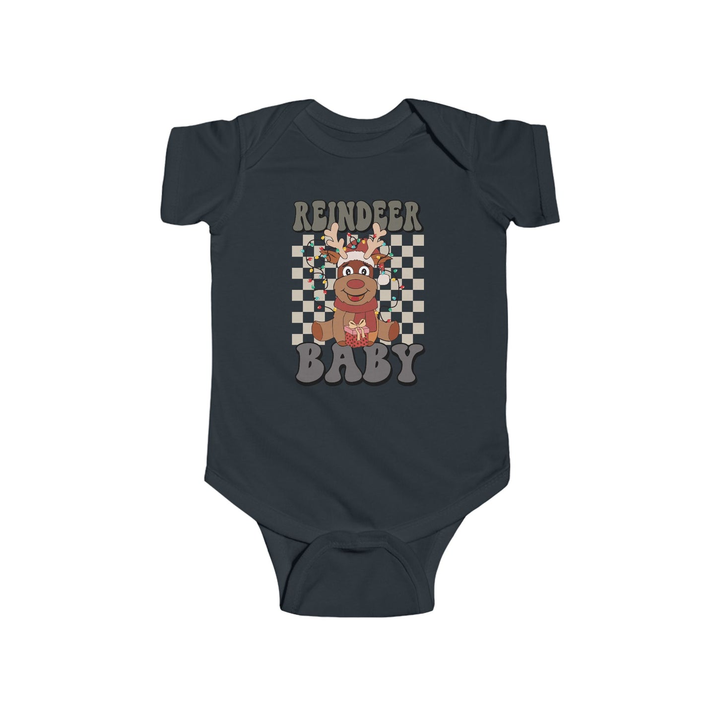 🎁 Reindeer Baby Onesie – Cozy Checkered Lights Edition 🦌✨