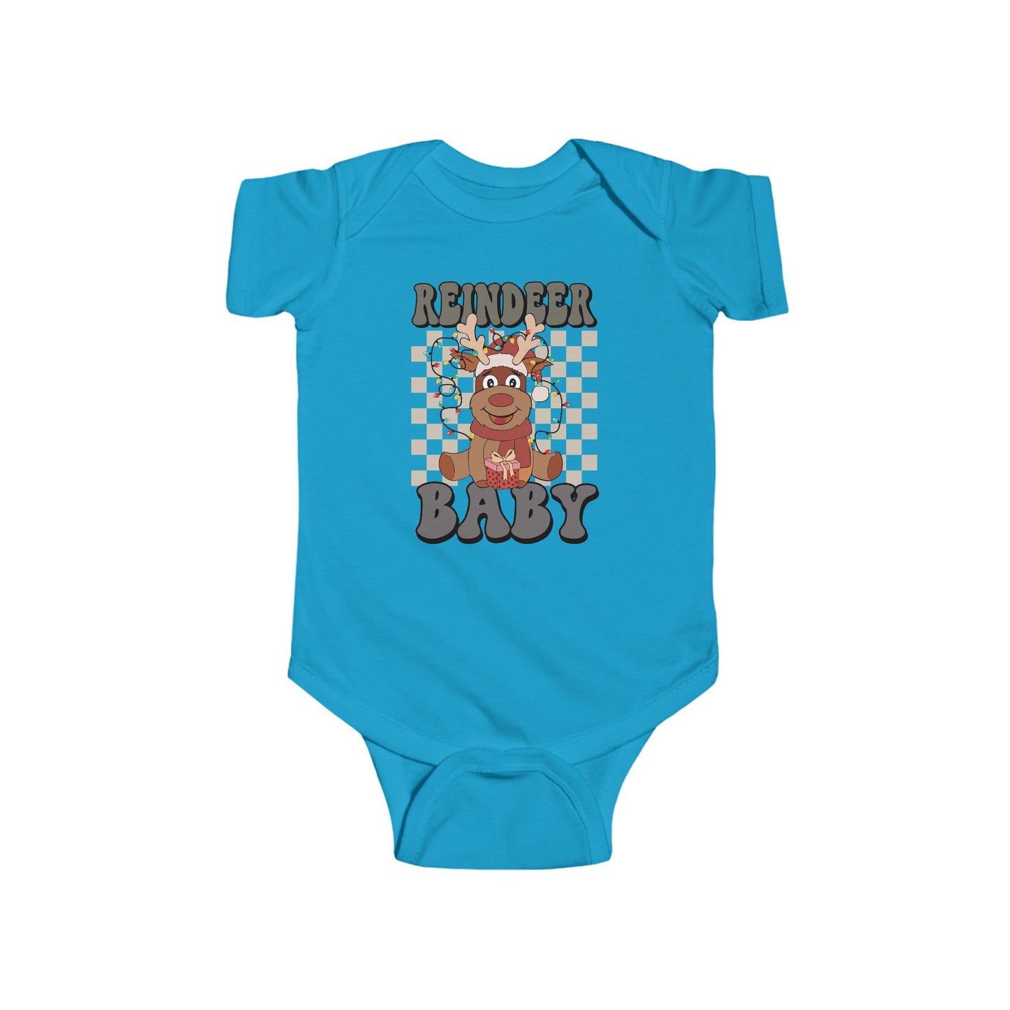 🎁 Reindeer Baby Onesie – Cozy Checkered Lights Edition 🦌✨