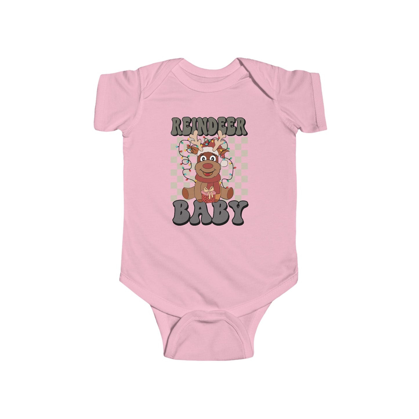 🎁 Reindeer Baby Onesie – Cozy Checkered Lights Edition 🦌✨