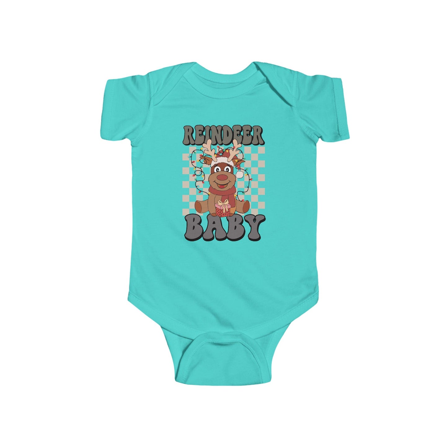🎁 Reindeer Baby Onesie – Cozy Checkered Lights Edition 🦌✨