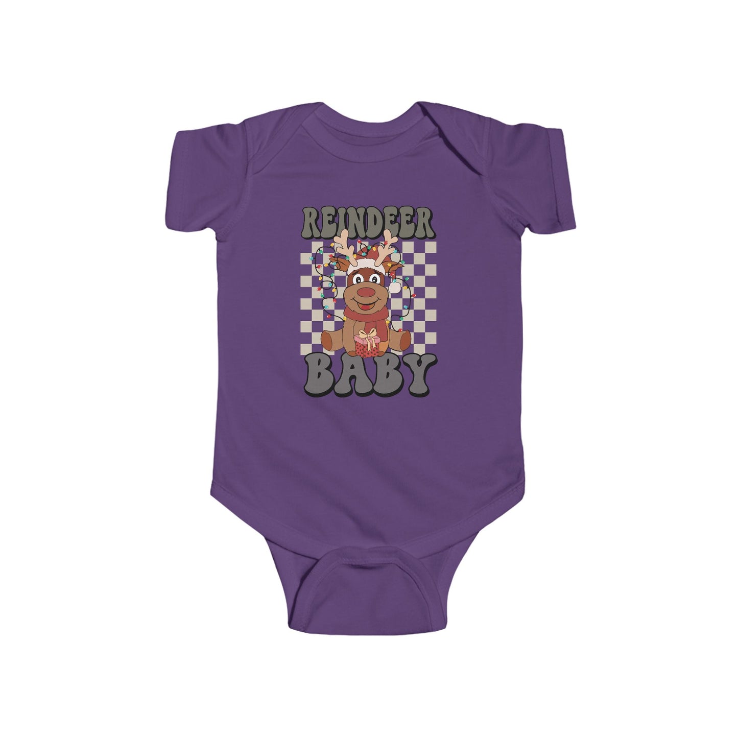 🎁 Reindeer Baby Onesie – Cozy Checkered Lights Edition 🦌✨