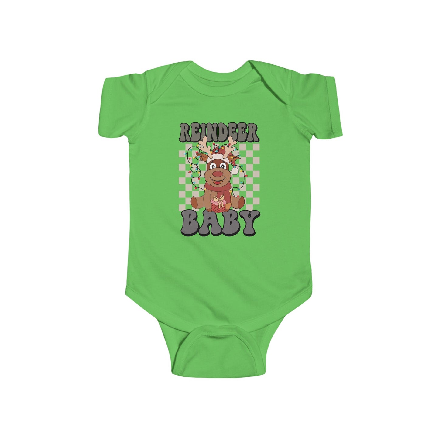 🎁 Reindeer Baby Onesie – Cozy Checkered Lights Edition 🦌✨