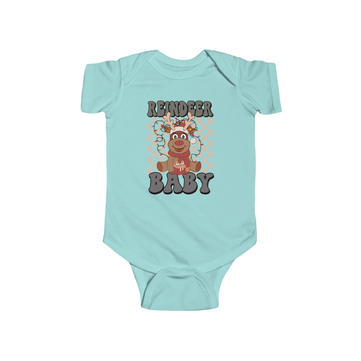 🎁 Reindeer Baby Onesie – Cozy Checkered Lights Edition 🦌✨
