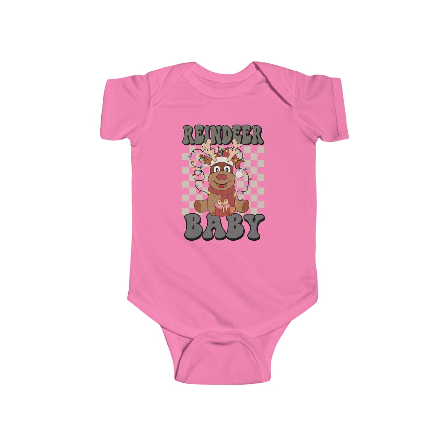 🎁 Reindeer Baby Onesie – Cozy Checkered Lights Edition 🦌✨
