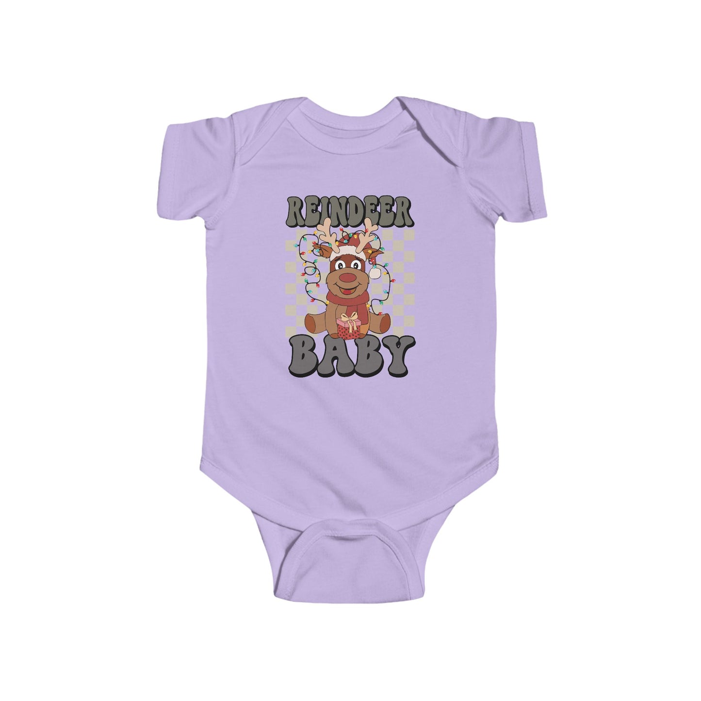 🎁 Reindeer Baby Onesie – Cozy Checkered Lights Edition 🦌✨