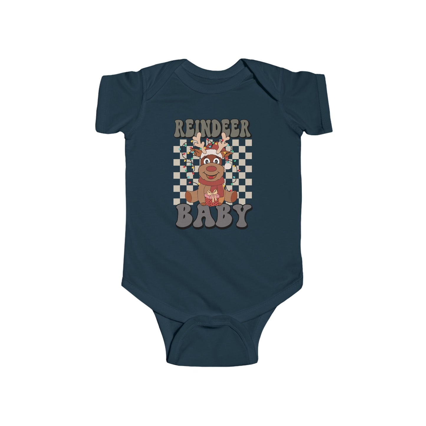 🎁 Reindeer Baby Onesie – Cozy Checkered Lights Edition 🦌✨