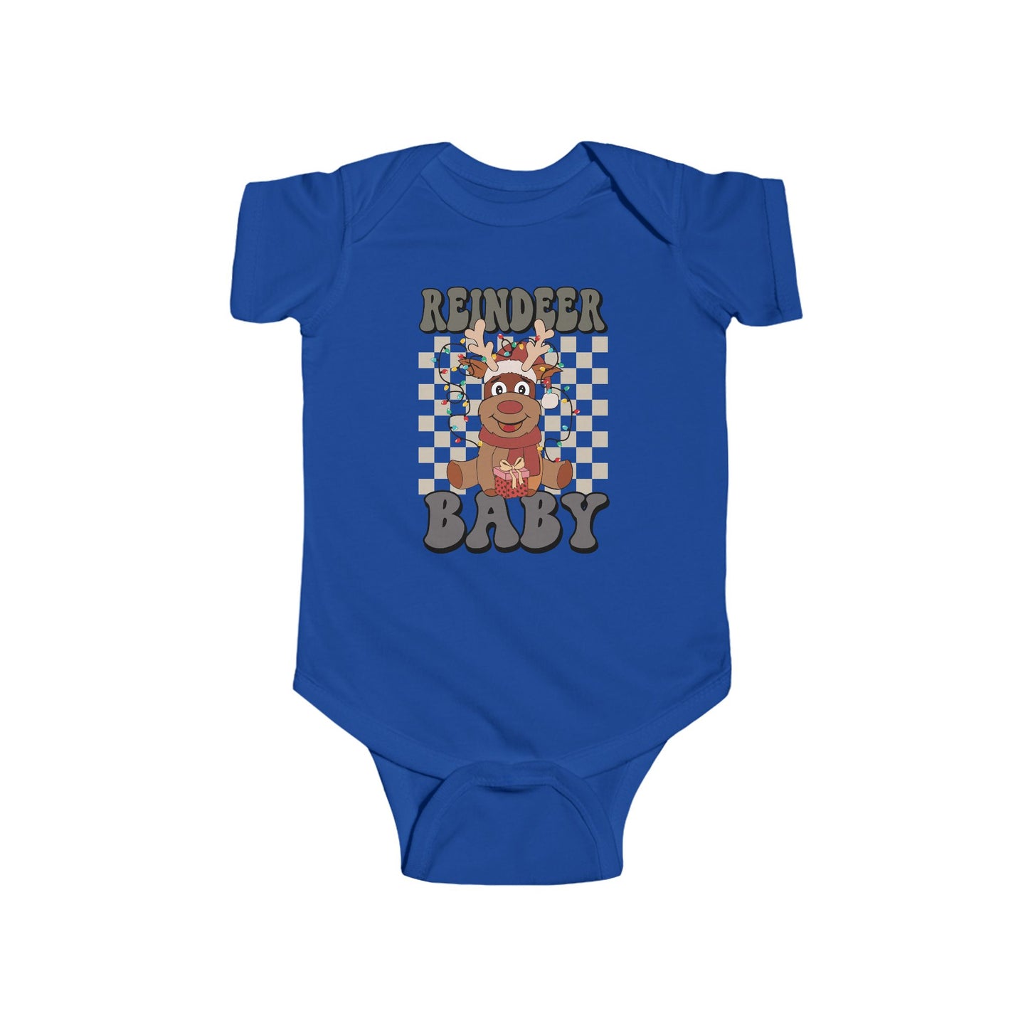 🎁 Reindeer Baby Onesie – Cozy Checkered Lights Edition 🦌✨