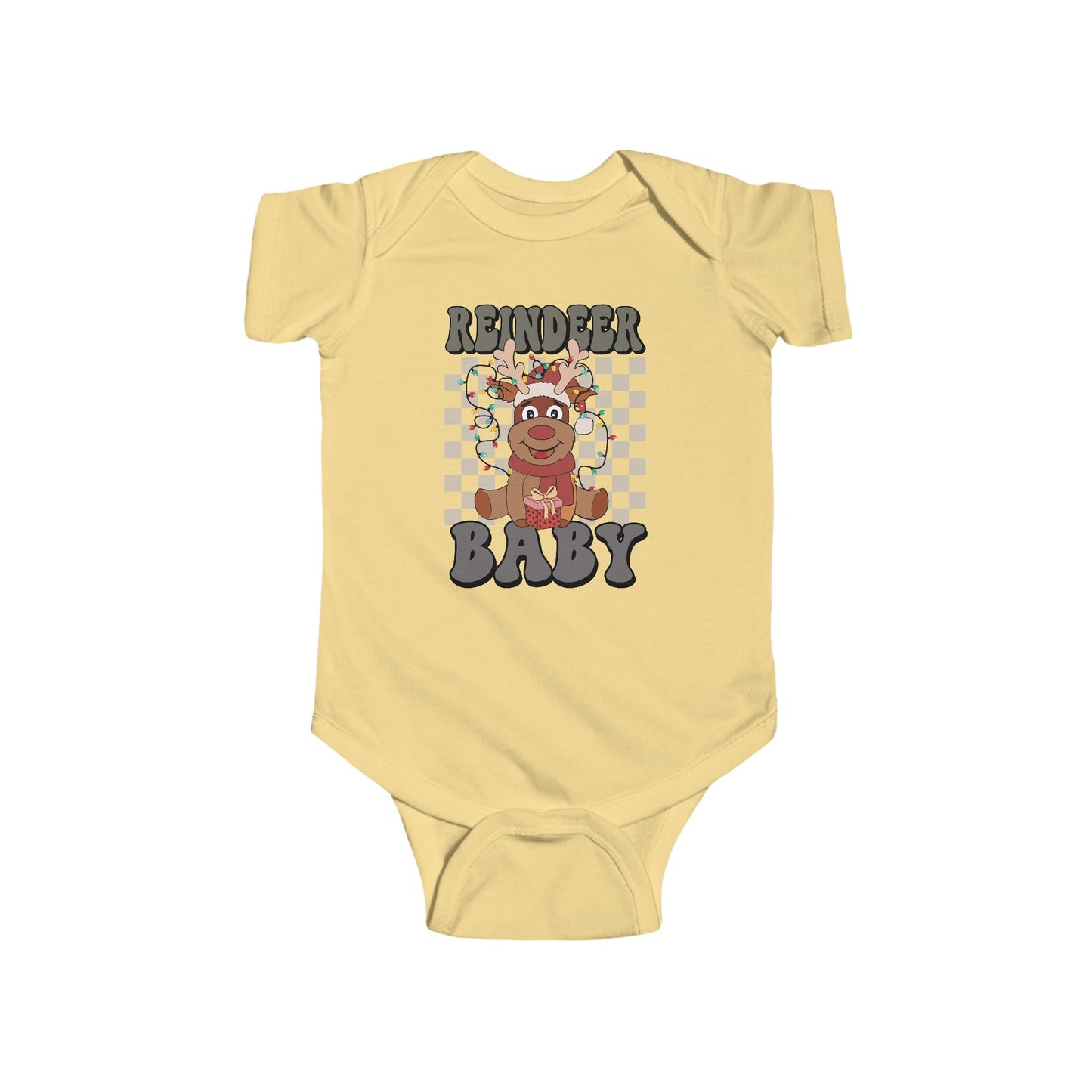 🎁 Reindeer Baby Onesie – Cozy Checkered Lights Edition 🦌✨