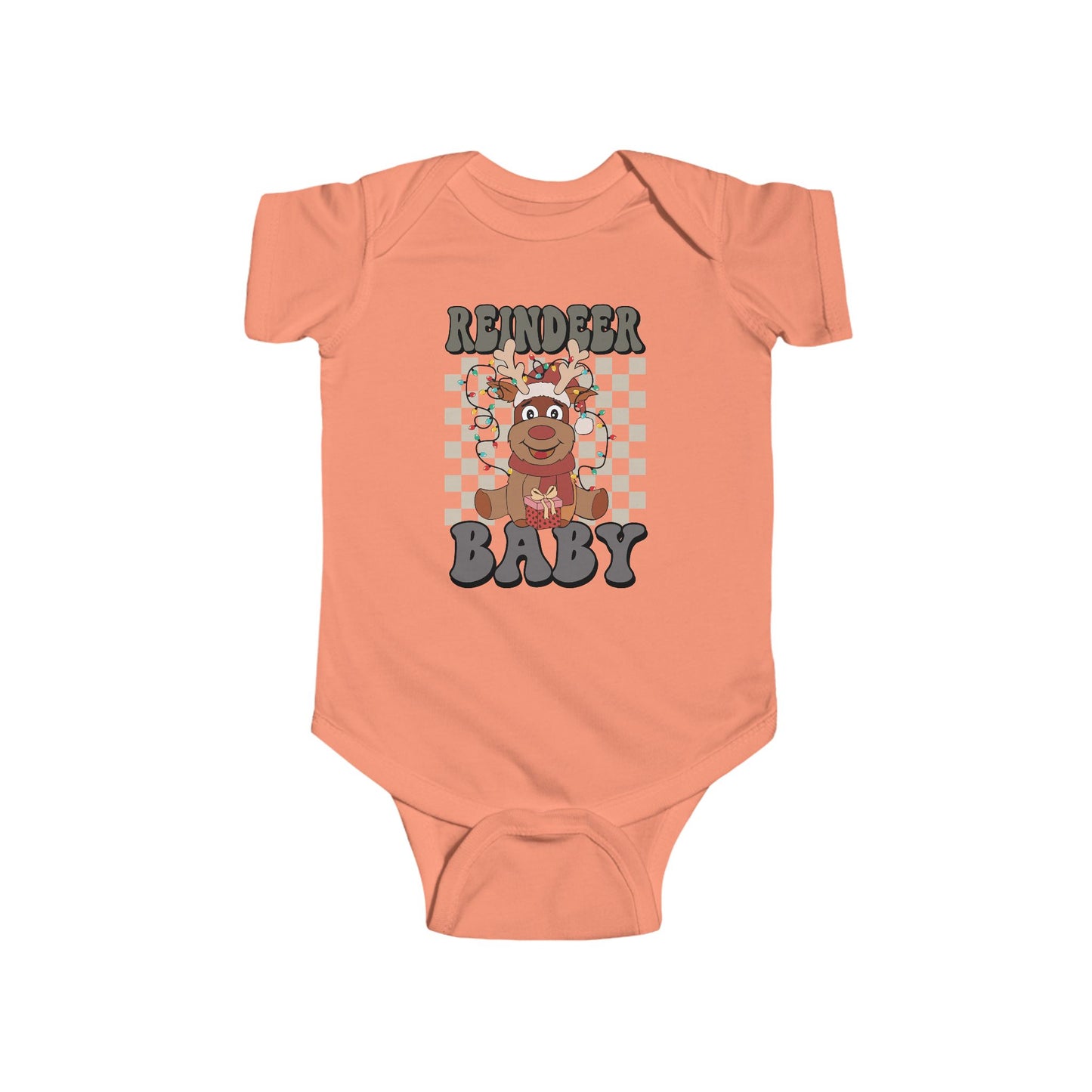🎁 Reindeer Baby Onesie – Cozy Checkered Lights Edition 🦌✨