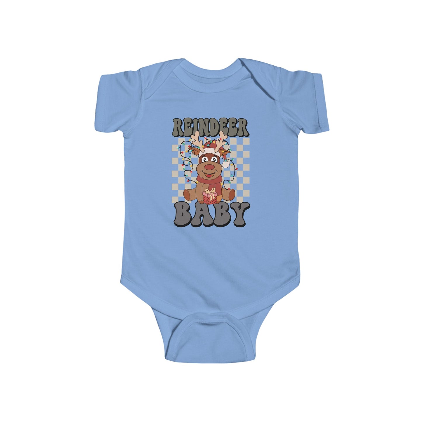 🎁 Reindeer Baby Onesie – Cozy Checkered Lights Edition 🦌✨