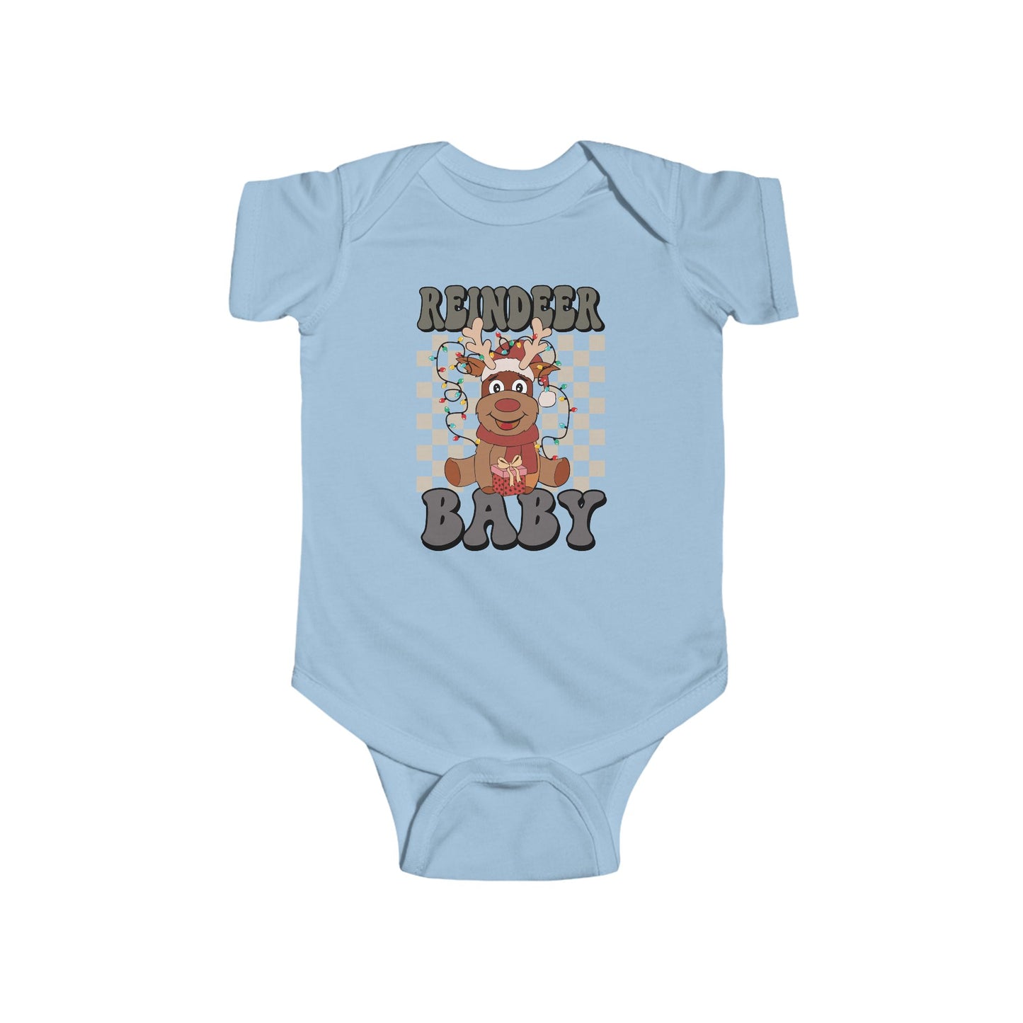 🎁 Reindeer Baby Onesie – Cozy Checkered Lights Edition 🦌✨