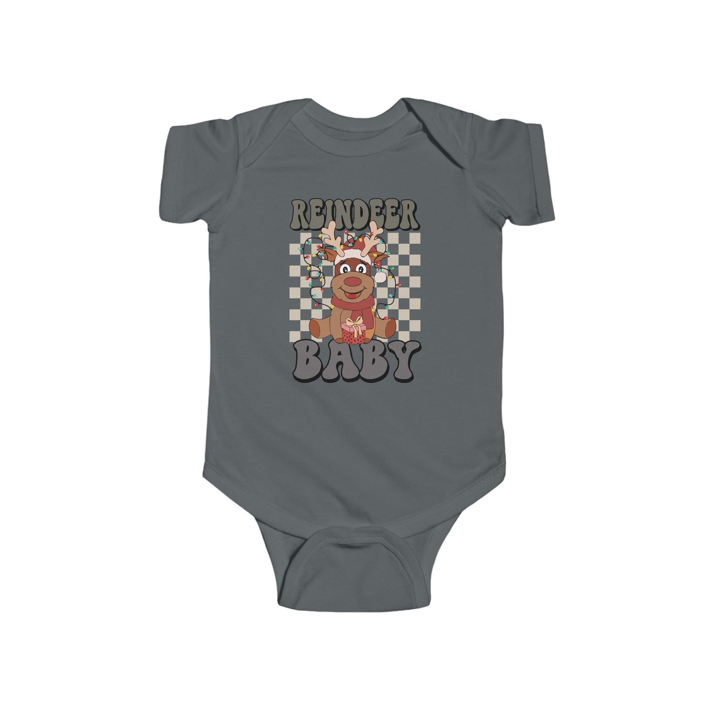 🎁 Reindeer Baby Onesie – Cozy Checkered Lights Edition 🦌✨