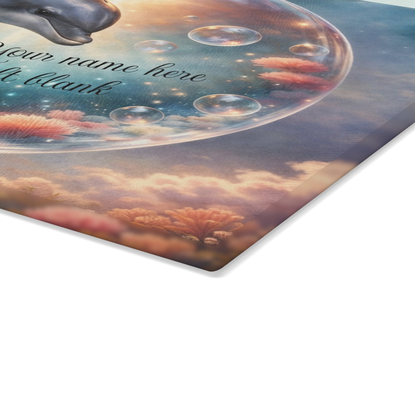 Dolphin Ocean Dream Glass Cutting Board – Personalized Coastal Kitchen Decor with Bubbles and Coral Reef Design