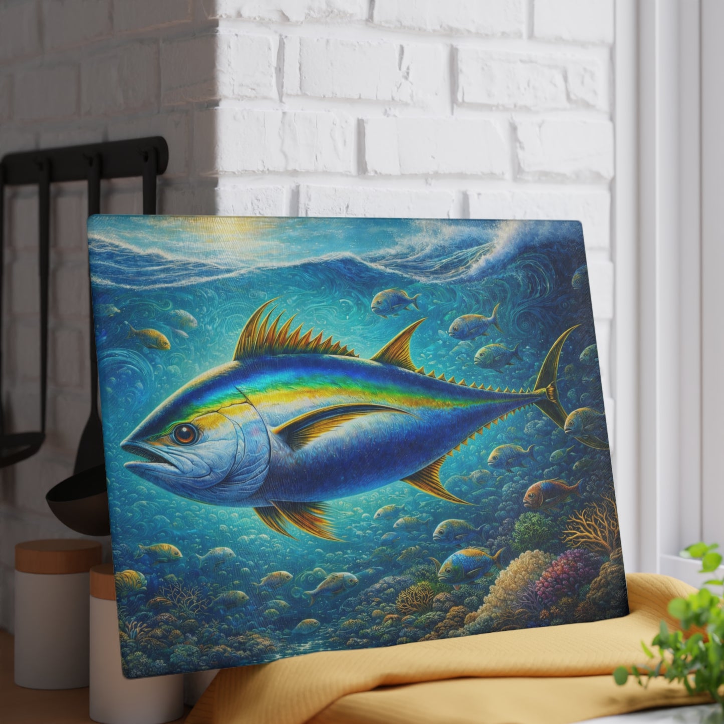 Majestic Ocean Current Fish Glass Cutting Board – Vivid Underwater Reef Artwork