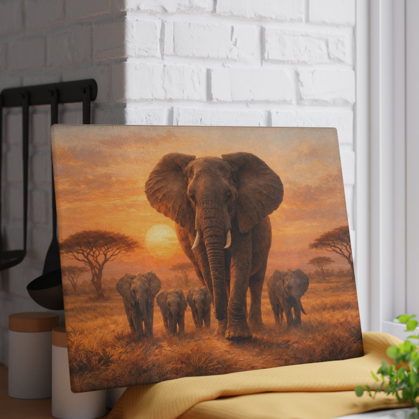 Elephant Family Sunset Safari Glass Cutting Board – Majestic Wildlife Landscape Kitchen Art