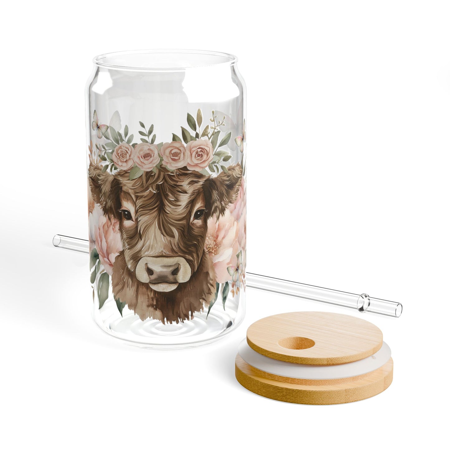🐮🌸 Floral Highland Cow Sipper Glass – Rustic 16oz Charm with Country Elegance 🍹