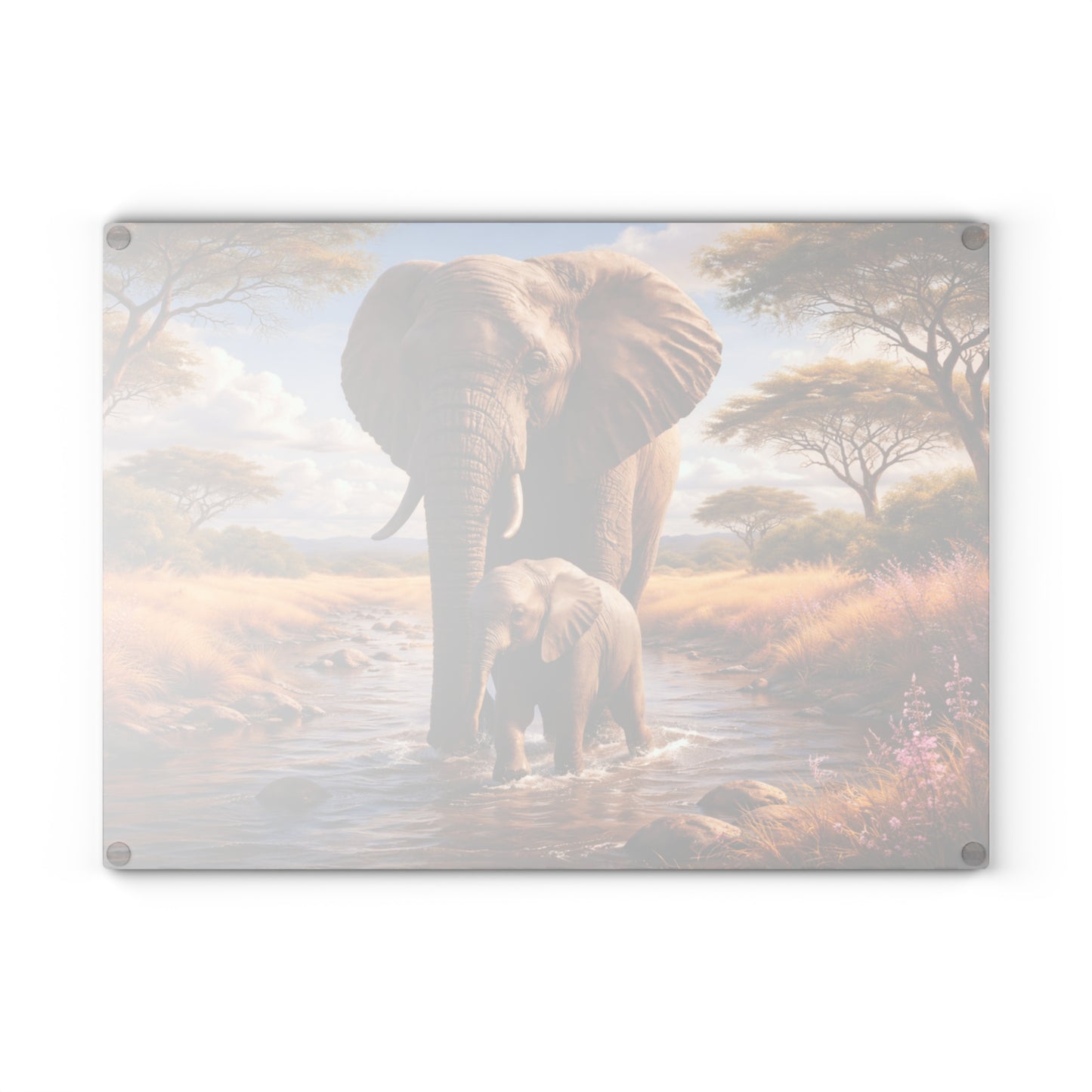 Mother & Baby Elephant Glass Cutting Board – African Safari Wildlife Kitchen Art