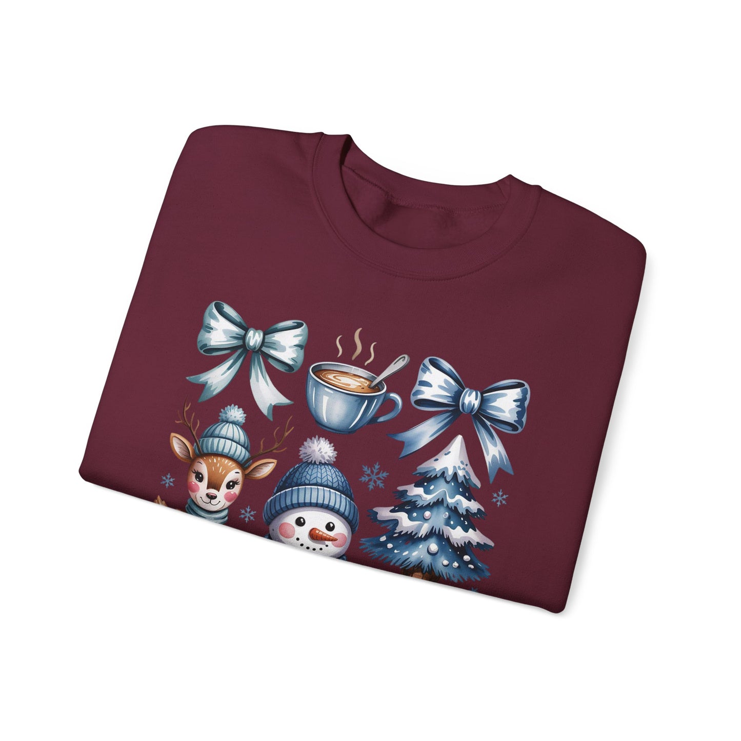 ❄️💙 Cozy Winter Vibes Crewneck – Reindeer, Snowman, Cocoa & Bows