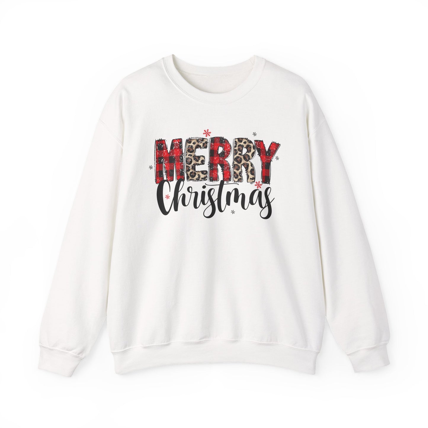 🎄🖤 Merry Christmas Buffalo Plaid & Leopard Crewneck – Cozy Unisex Holiday Pullover