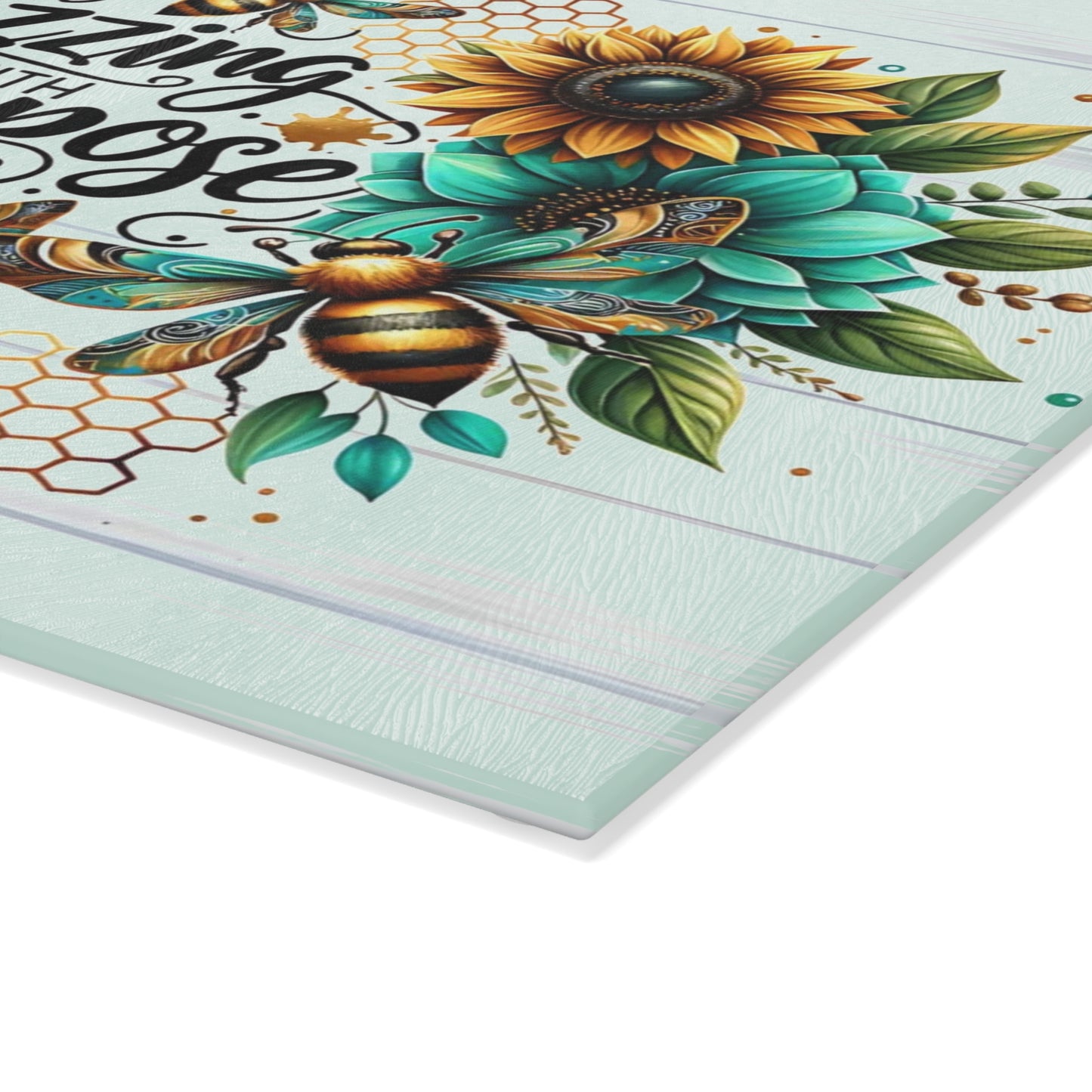 Buzzing with Purpose Glass Cutting Board – Uplifting Floral Bee Design for Your Kitchen