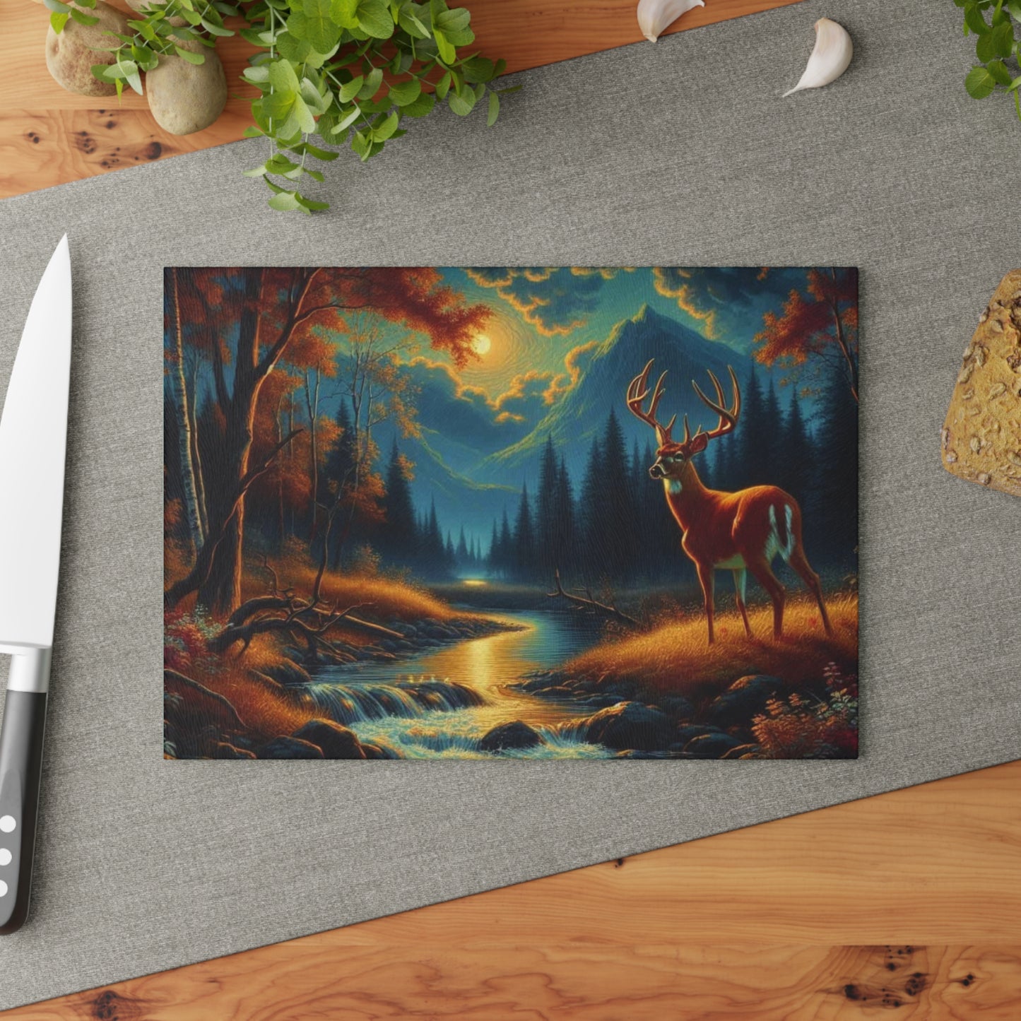 Moonlit Forest Buck Cutting Board – Enchanted Wilderness Art
