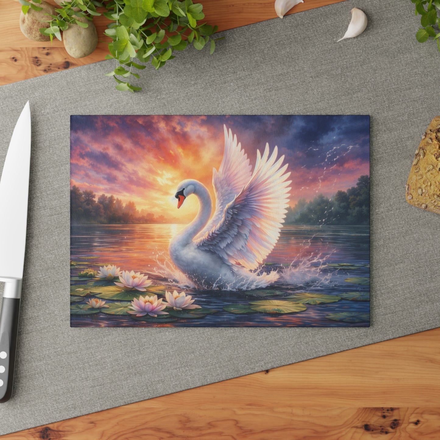 Graceful Swan Sunset Glass Cutting Board – Elegant Lake Nature Kitchen Art