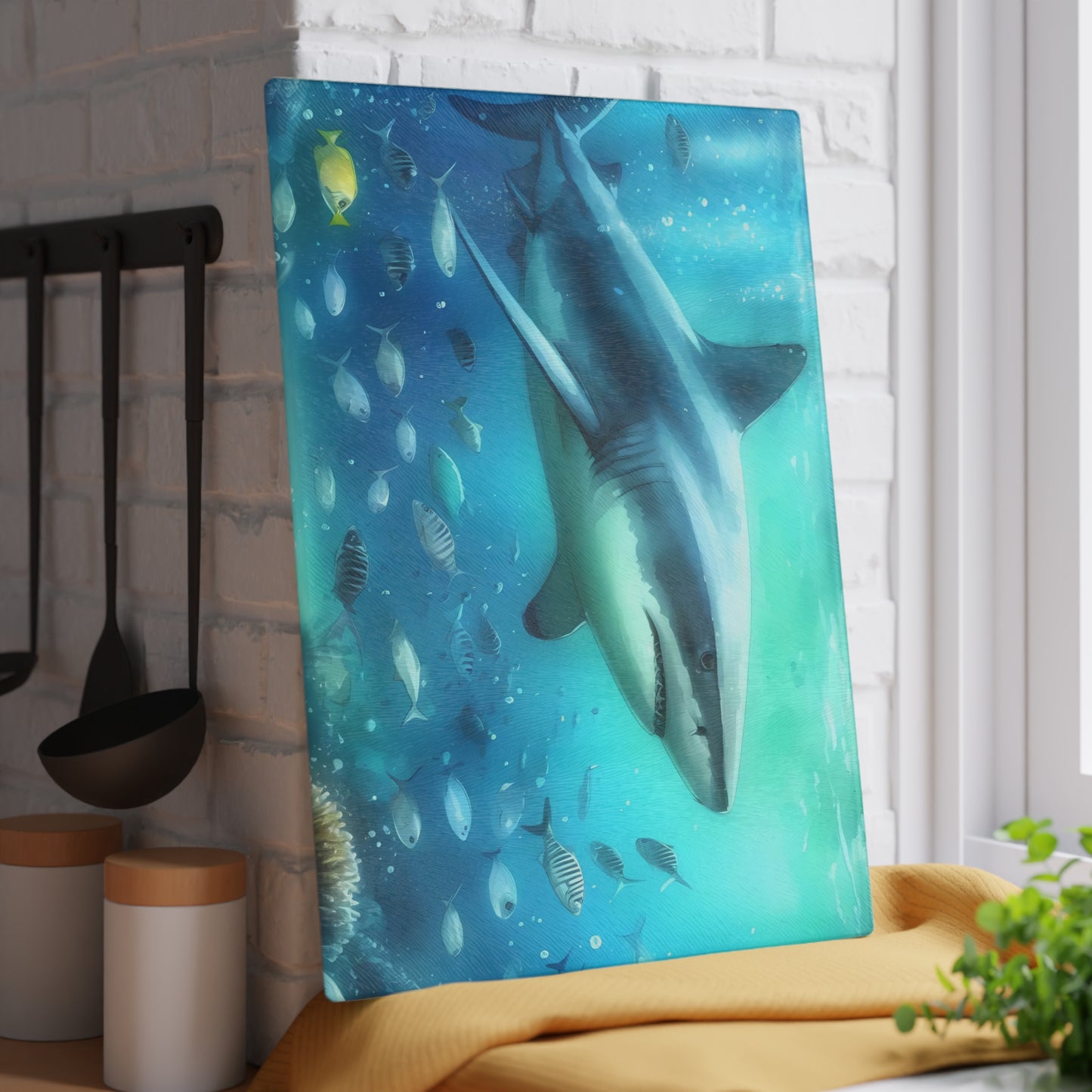 Shark kitchen decor, ocean theme cutting board, shark gift idea, shark lover gift, shark-themed gift, unique cutting board