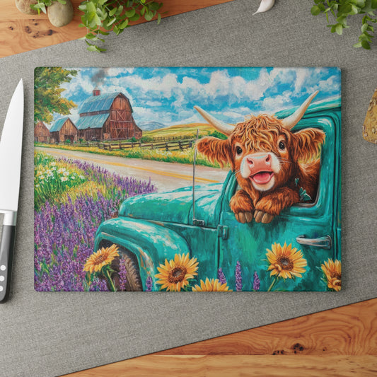 🚜🌻 Baby Highland Cow in Old Truck Glass Cutting Board – Rustic Farm Charm with Sunflowers & Barn 🌼