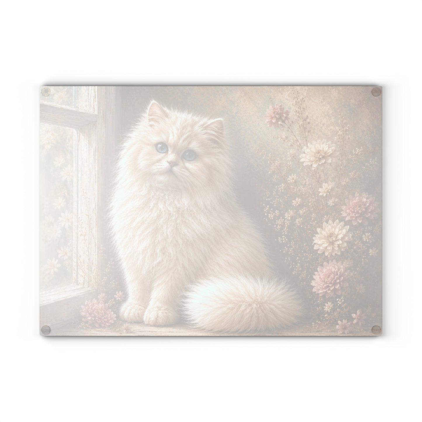 Fluffy White Cat Tempered Glass Cutting Board  Description