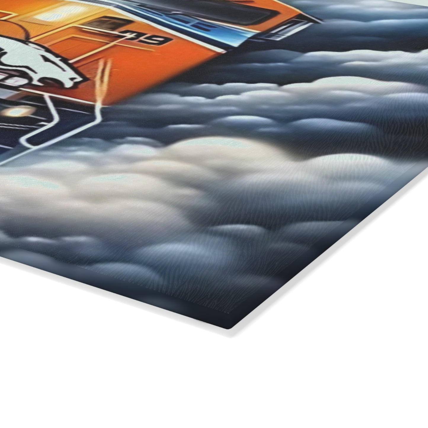 Blue & Orange Express Glass Cutting Board – Dynamic Train Art for Energetic, Bold Kitchens