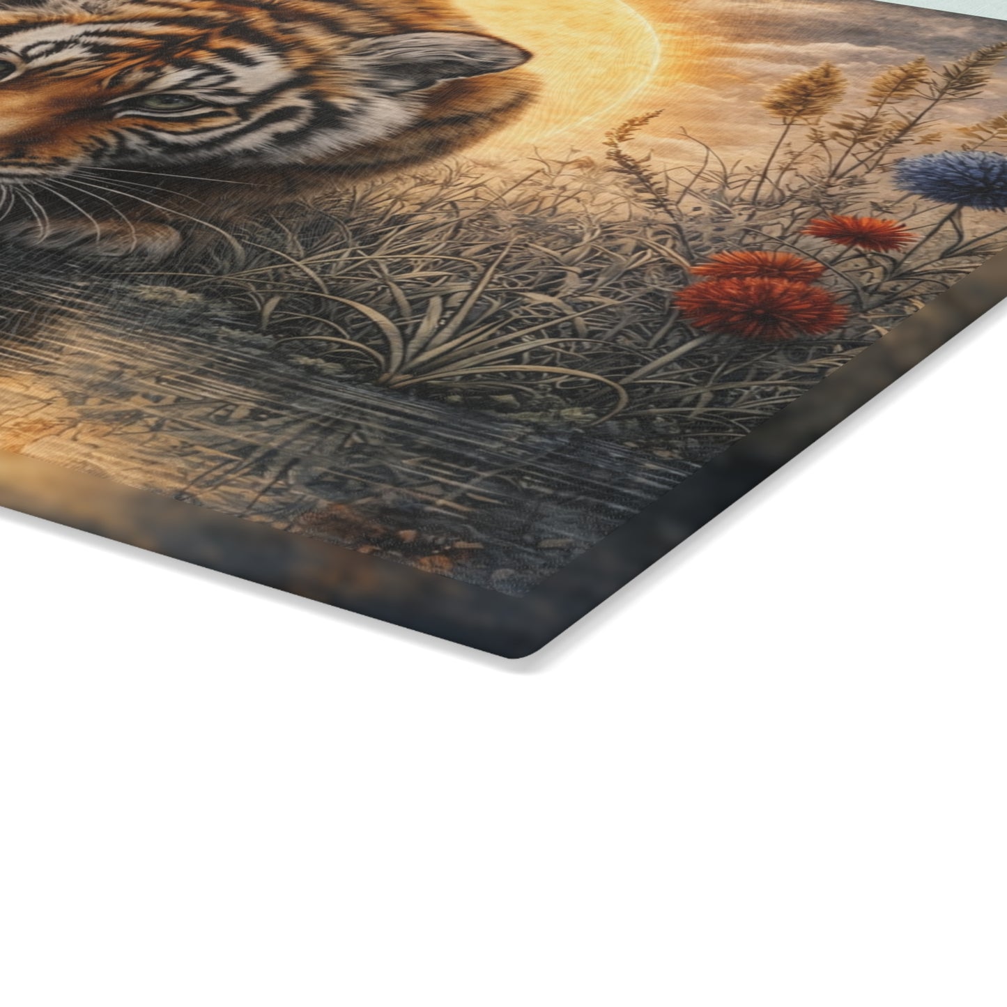 Tiger at Golden Sunset Glass Cutting Board – Majestic Wildlife Reflection Artwork