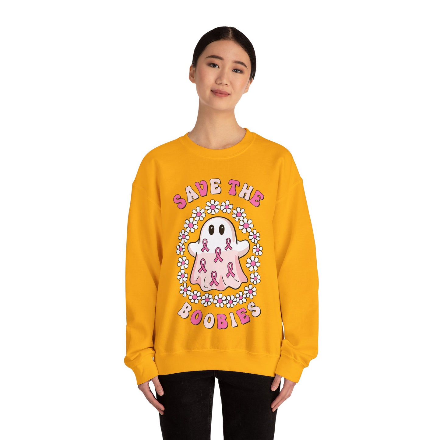 👻🎀 Save the Boobies Ghost Sweatshirt – Cute Breast Cancer Awareness Crewneck