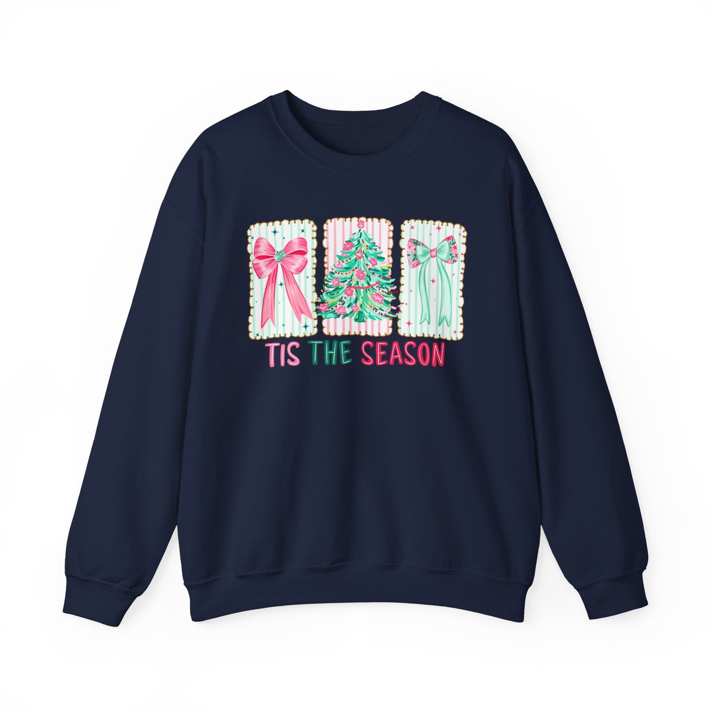 🎀🎄 ’Tis The Season Sweatshirt – Pastel Bows & Merry Tree Vibes ✨☃️