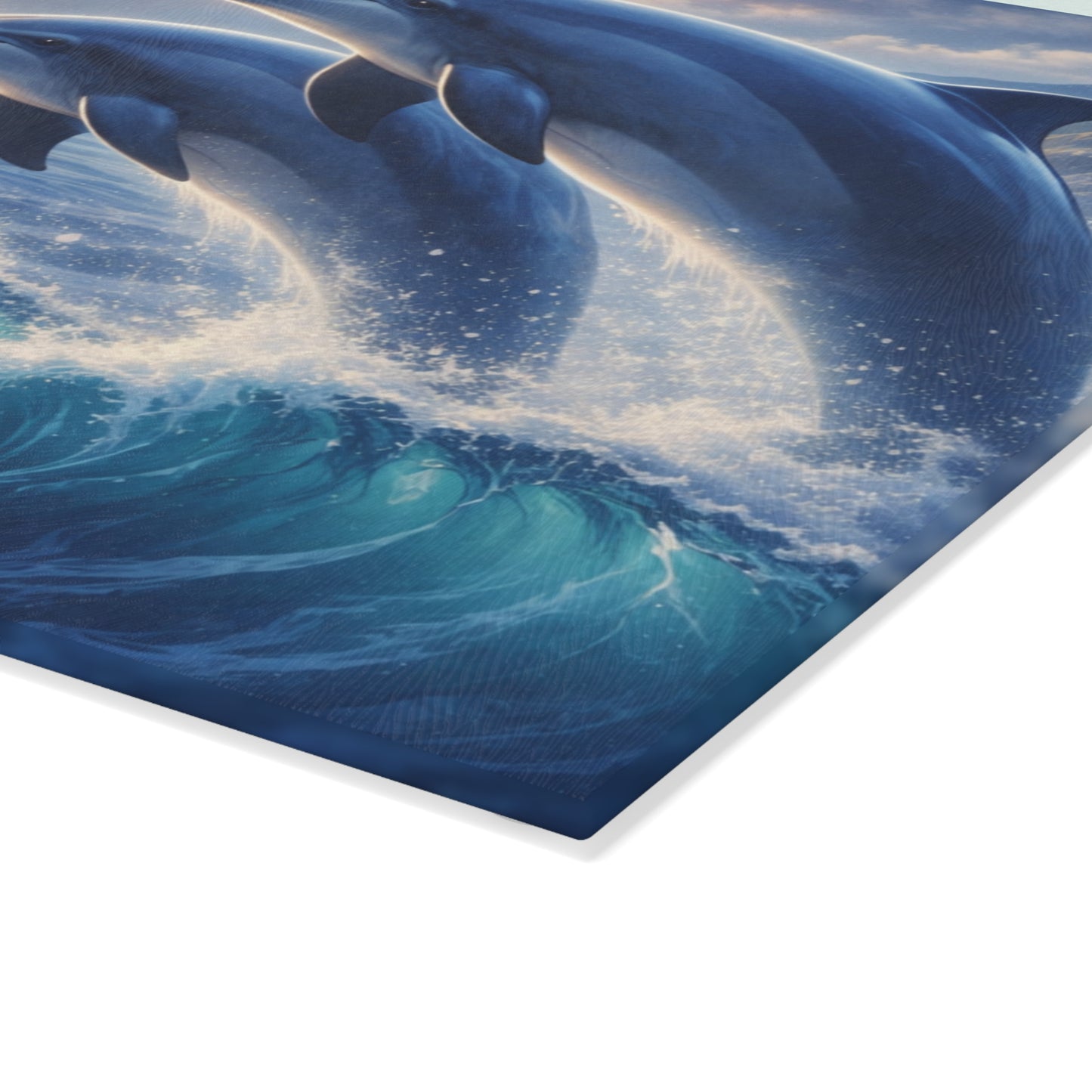 Dolphin Sunset Glass Cutting Board – Ocean-Inspired Artwork with Joyful Dolphins