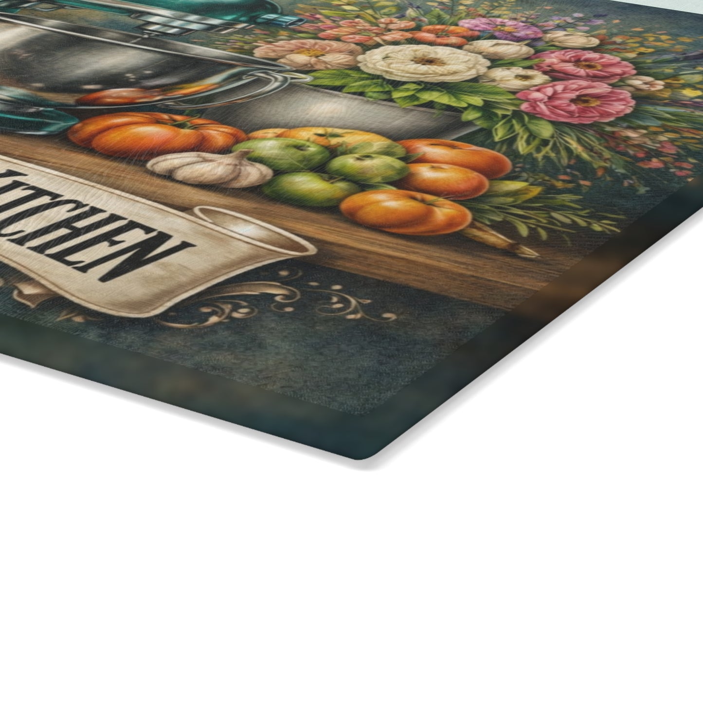 Mama’s Country Kitchen Glass Cutting Board – Farmhouse Baking Art with Vintage Mixer Charm