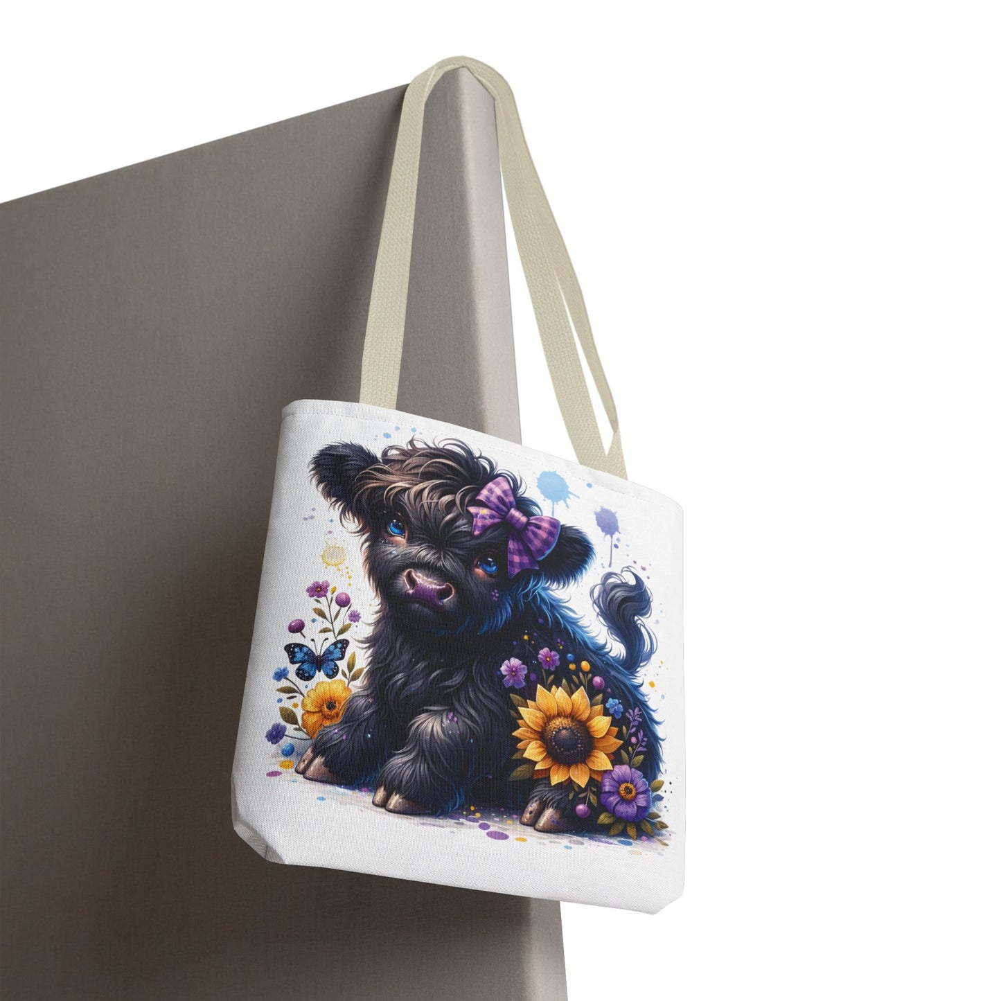 💜 Purple Bow Black Highland Calf Tote Bag – Country Charm with a Pop of Color 🐮👜