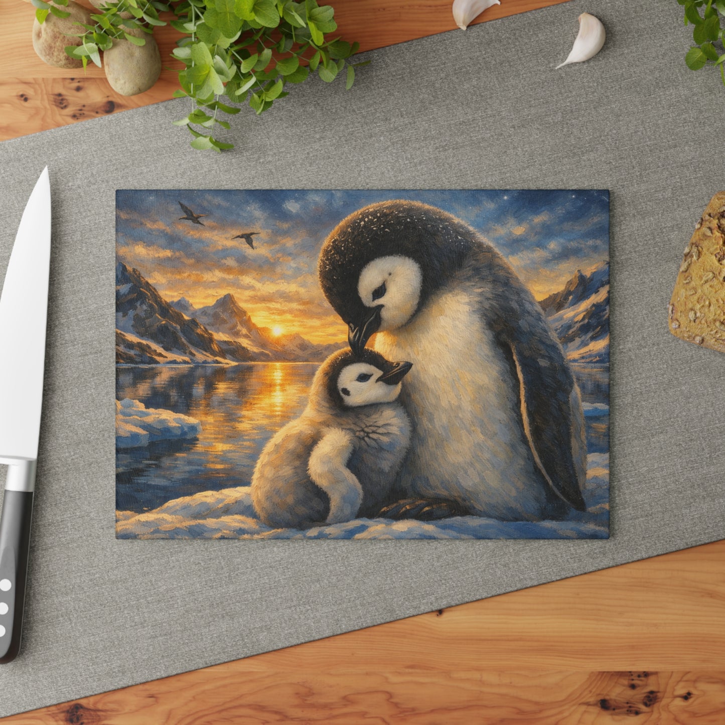 Penguins at Golden Arctic Sunset Glass Cutting Board – Mother and Baby Wildlife Artwork