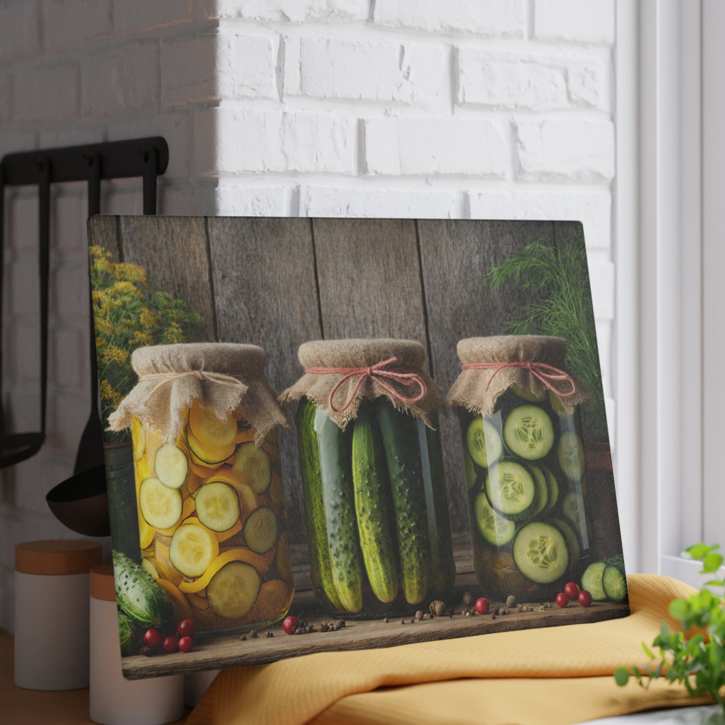 Rustic Pickle Jar Glass Cutting Board – Farmhouse Kitchen Food Art Display