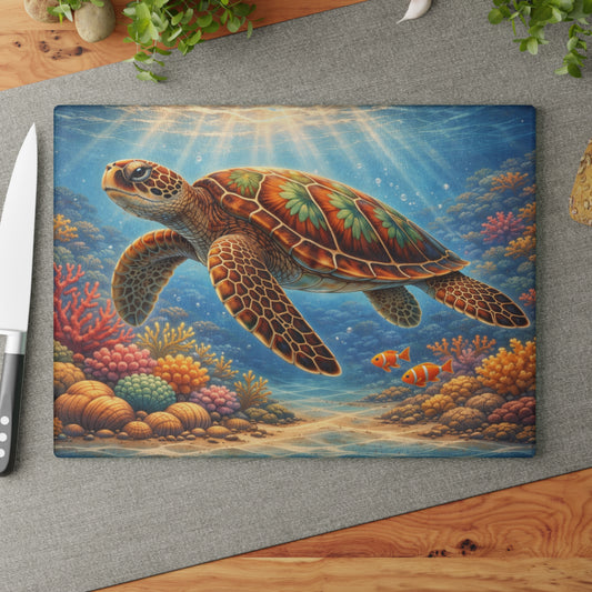 Colorful Sea Turtle Glass Cutting Board – Vibrant Underwater Ocean Reef Kitchen Art