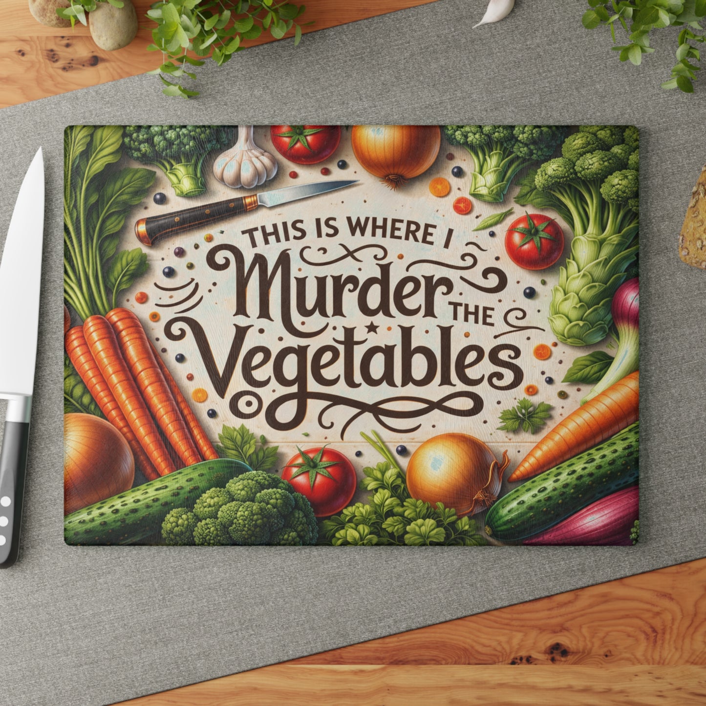 This Is Where I Murder the Vegetables Glass Cutting Board – Funny Kitchen Typography with Fresh Produce Art