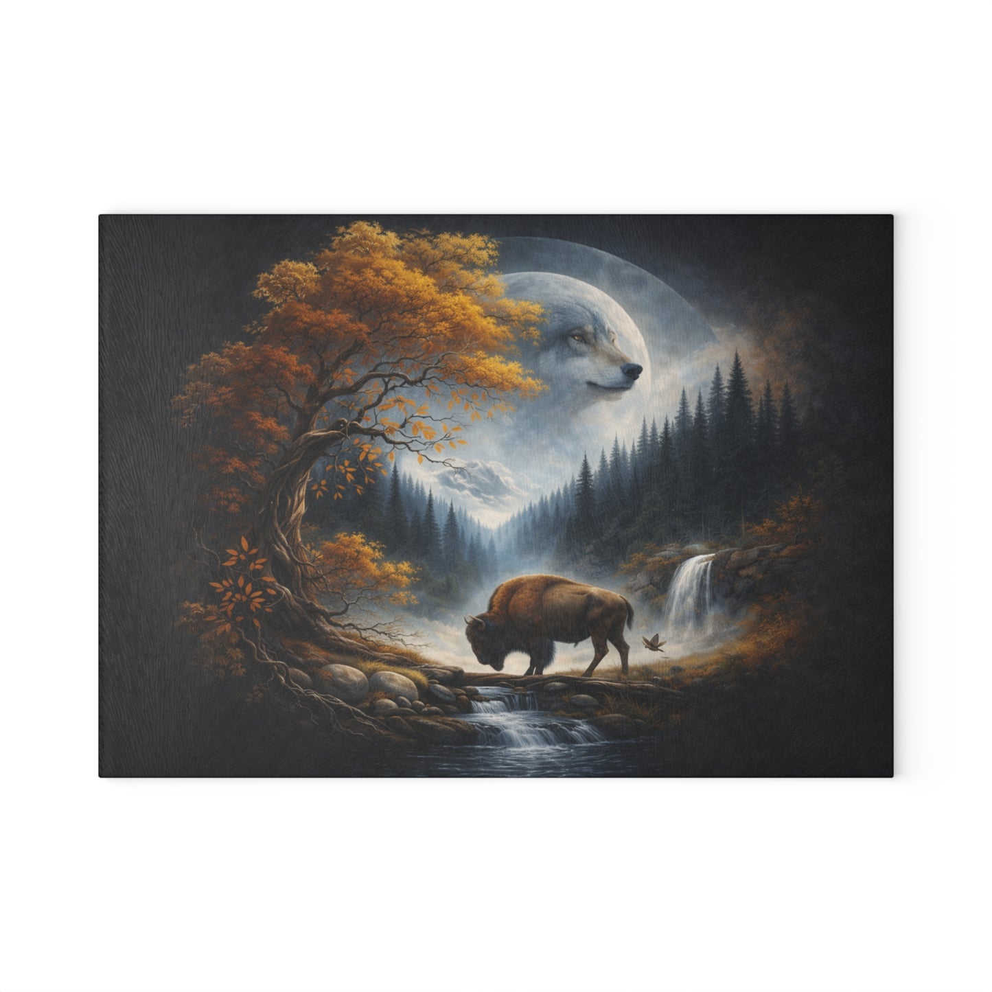 Moonlit Wolf Spirit Forest Glass Cutting Board – Mystical Wildlife Landscape Kitchen Art