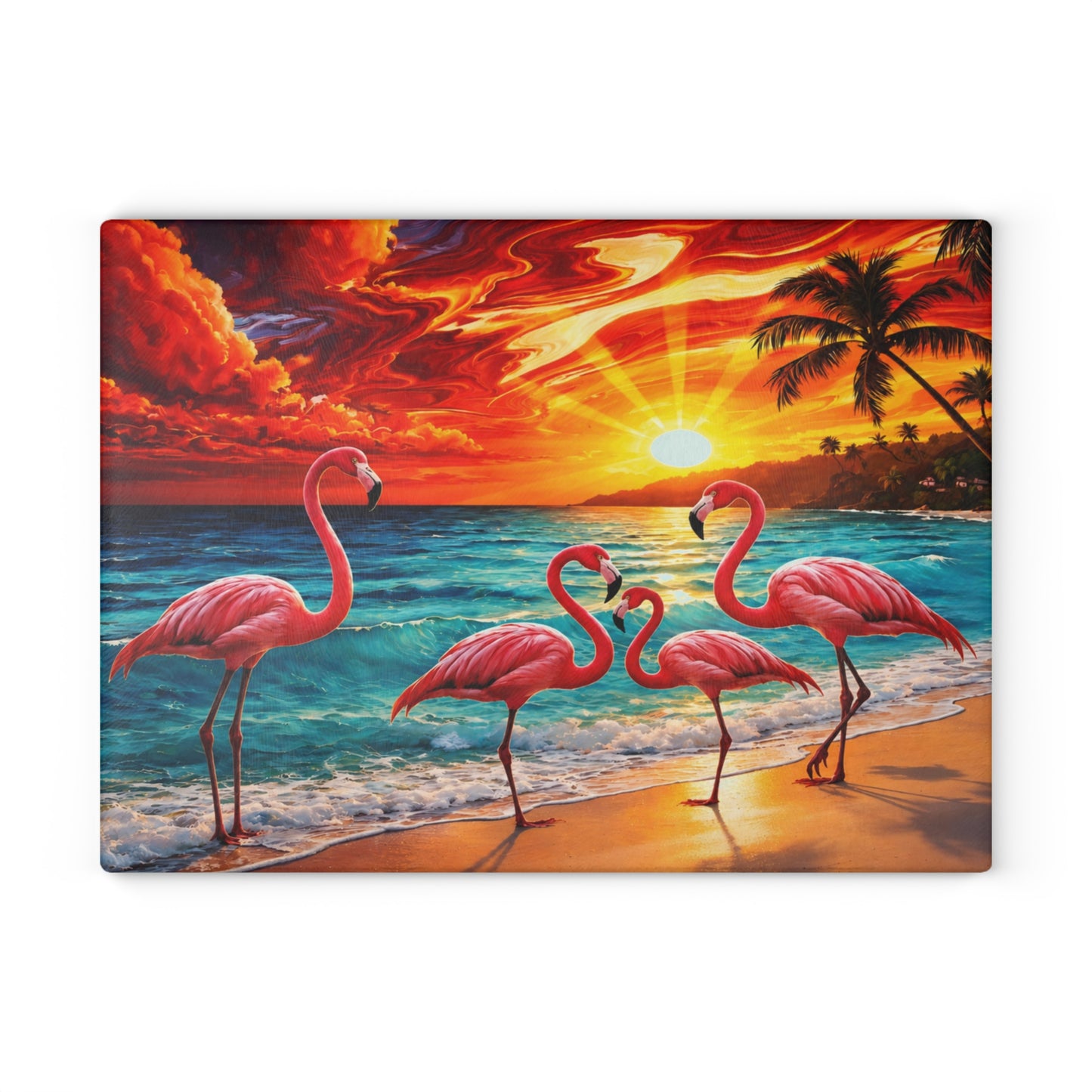 Vibrant Flamingo Sunset Glass Cutting Board – Tropical Coastal Kitchen Decor