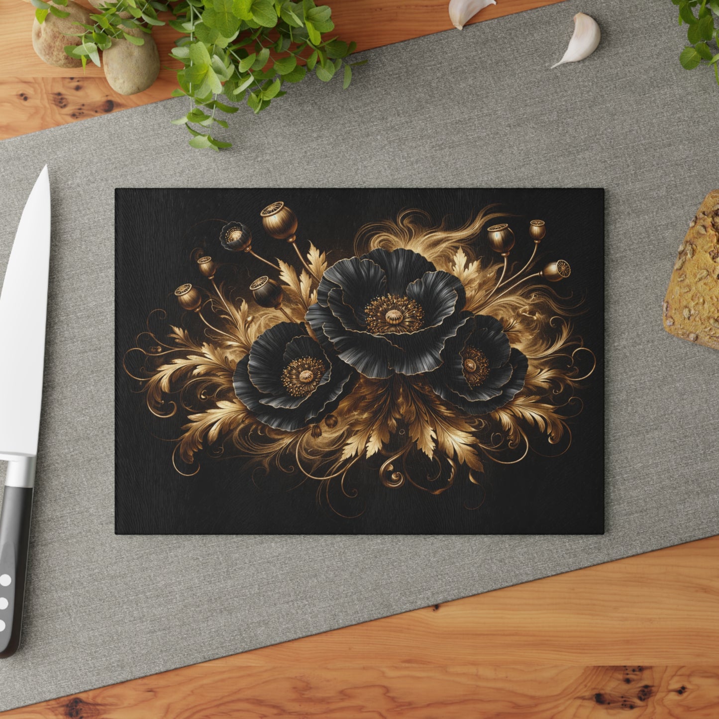 Black & Gold Floral Glass Cutting Board – Elegant Personalized Kitchen Cutting Board