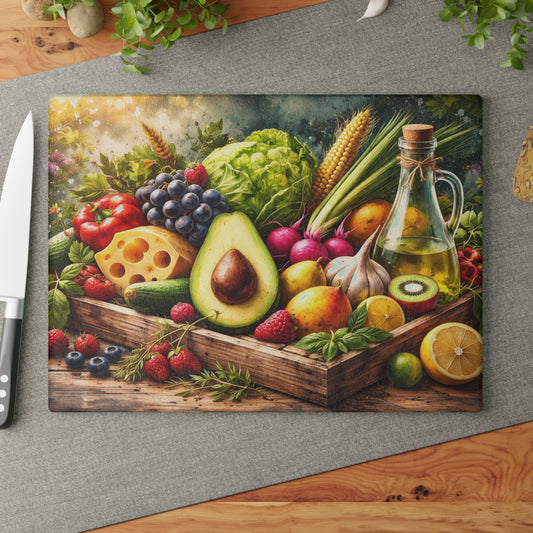 Fresh Harvest Farmhouse Glass Cutting Board – Rustic Market Fruit & Vegetable Kitchen Decor