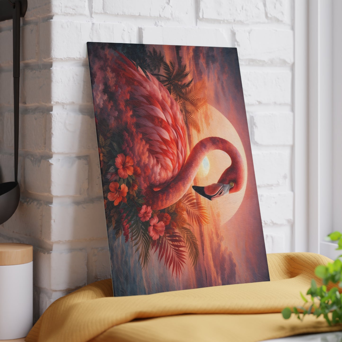 Flamingo Sunset Glass Cutting Board – Tropical Coastal Art Kitchen Display