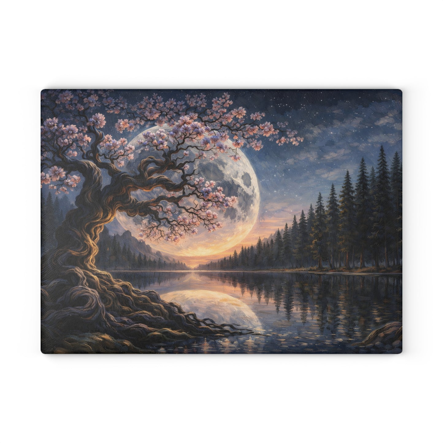 Moonlit Blossom Tree Glass Cutting Board – Dreamlike Night Landscape Art